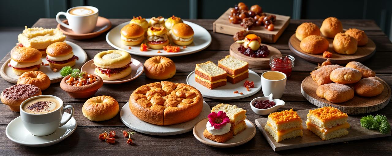 An elegant catering spread with pastries, sandwiches, and coffee.