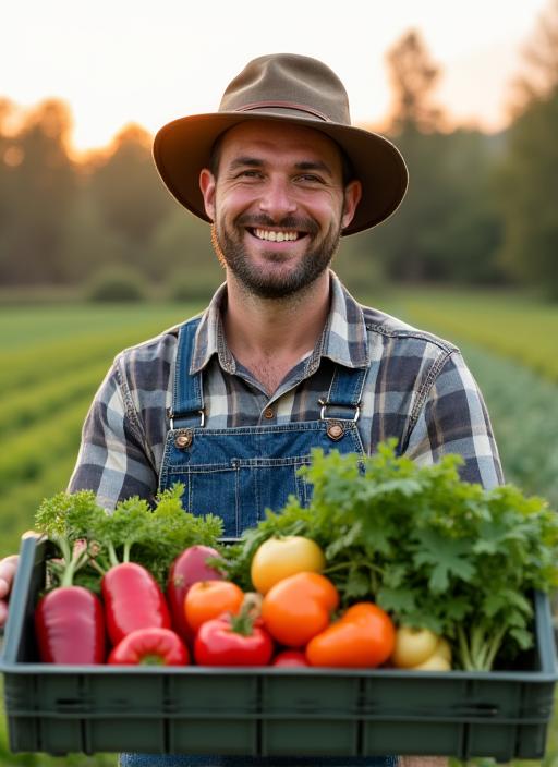 A friendly farmer holding a crate of fresh vegetables.